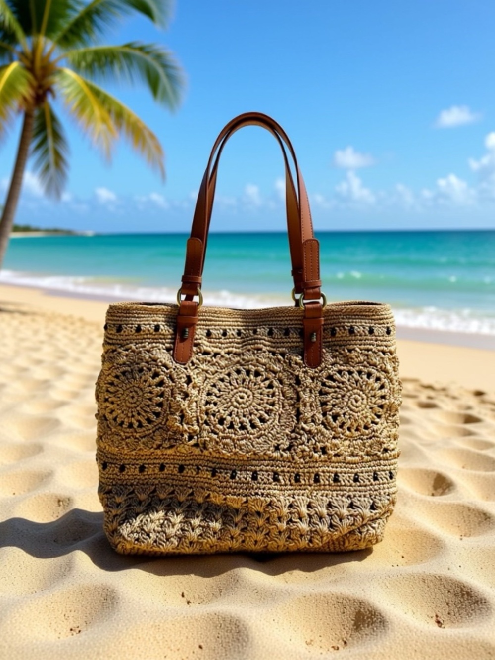 The Sak Tan Crochet Tote Purse With Zipper and Pockets and Leather Straps Boho